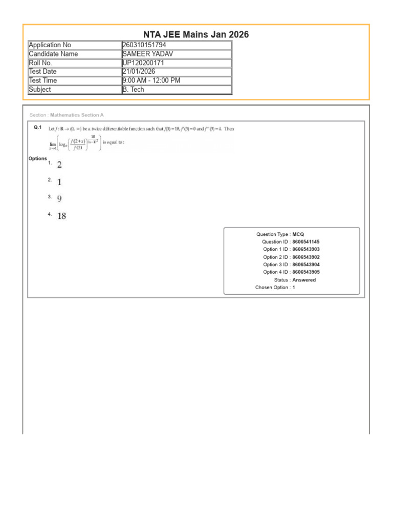 21 Jan Shift 1 JEE Mains 2026 | PDF | Multiple Choice | Tests