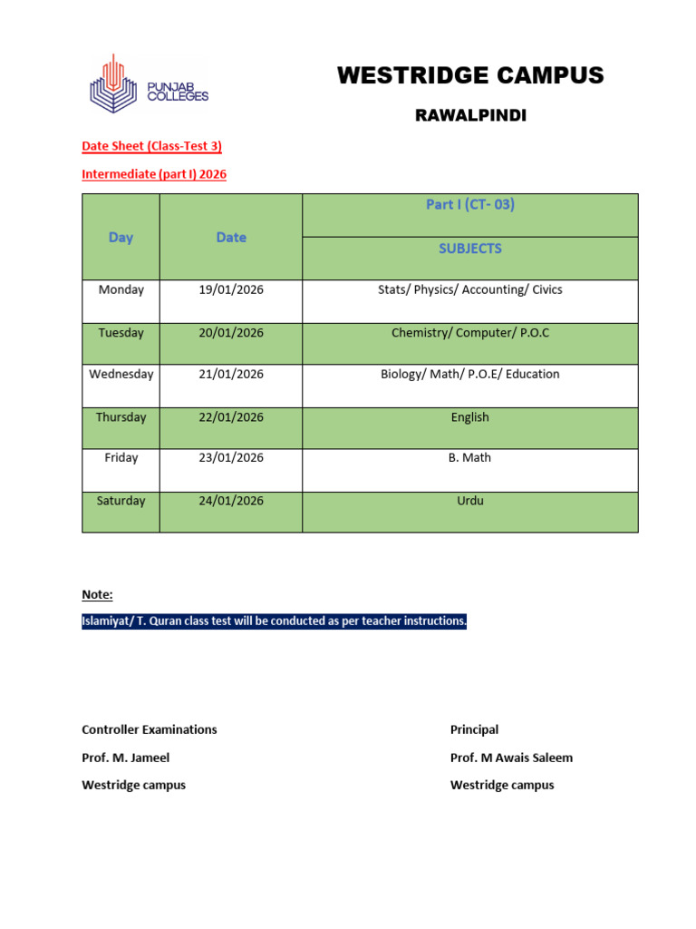 CT-3 Part I Date Sheet | PDF