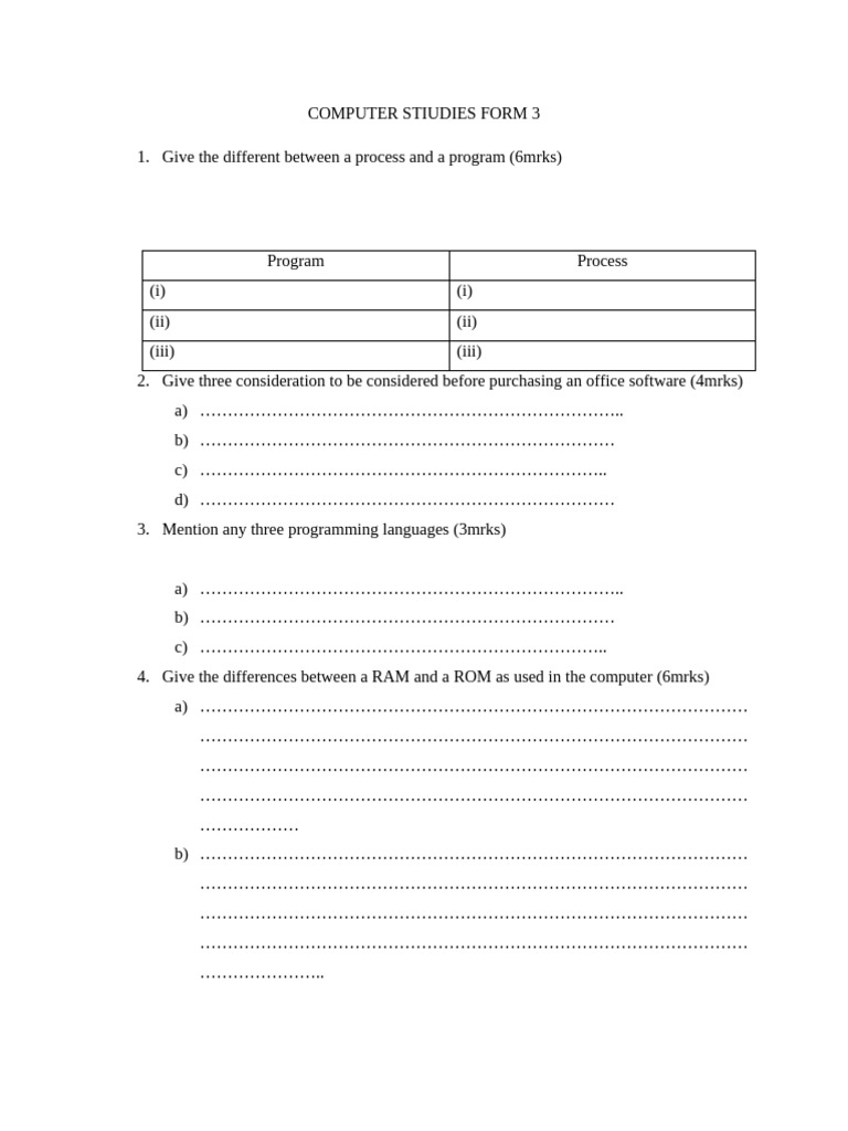 Computer Stiudies Form 3 | PDF | Chess Theory | Office Equipment