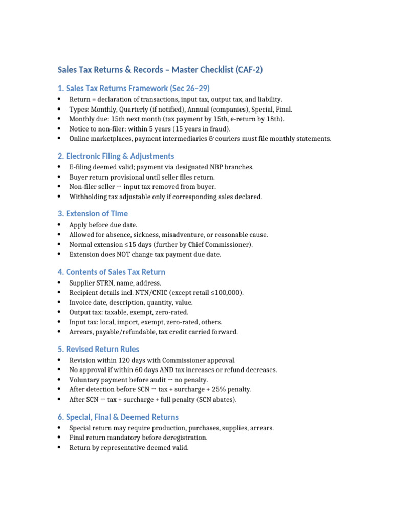 Sales Tax Returns Records Master Checklist | PDF | Taxes | Invoice