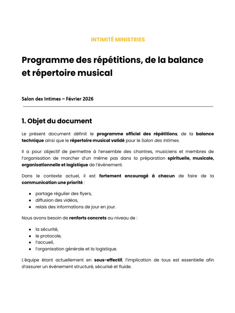 Programme Des Répétitions, de La Balance Et Répertoire Musical - 22 ...