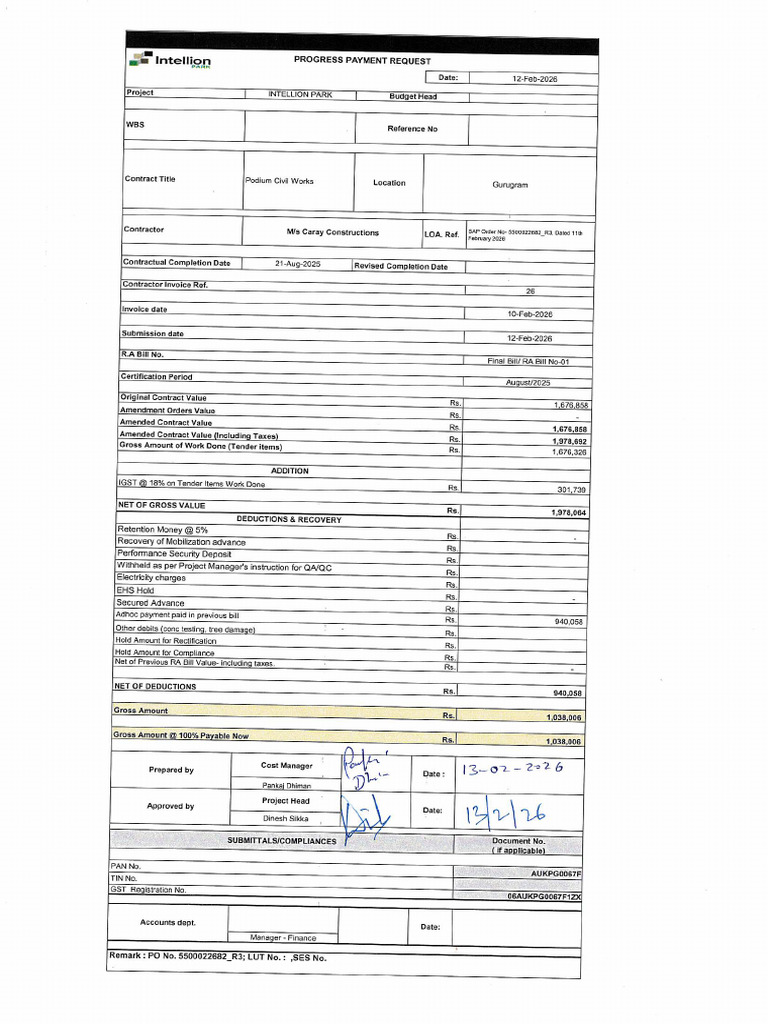 COP Final Bill RA Bill No-01 22682 Podium Area Works | PDF