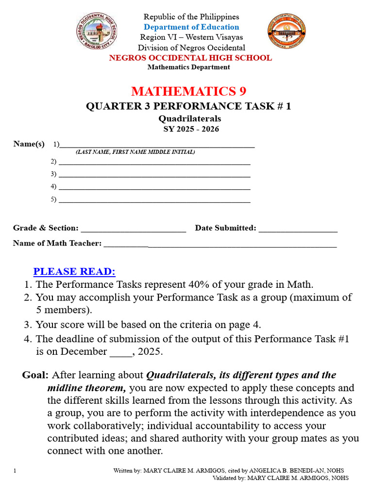 Mathematics 9: Quarter 3 Performance Task # 1 | PDF