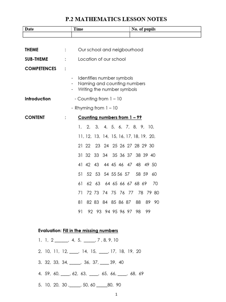 p.2 Mathematics Lesson Notes Term I | PDF | Subtraction | Arithmetic