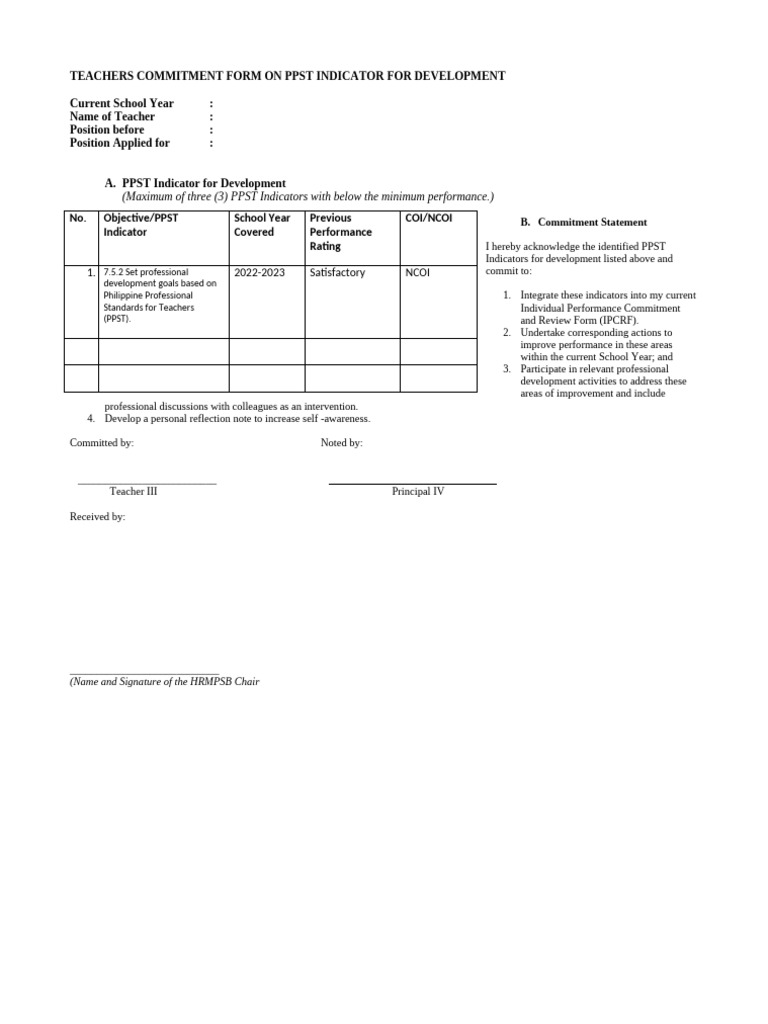 Teachers Commitment Form On PPST Indicator For Development | PDF