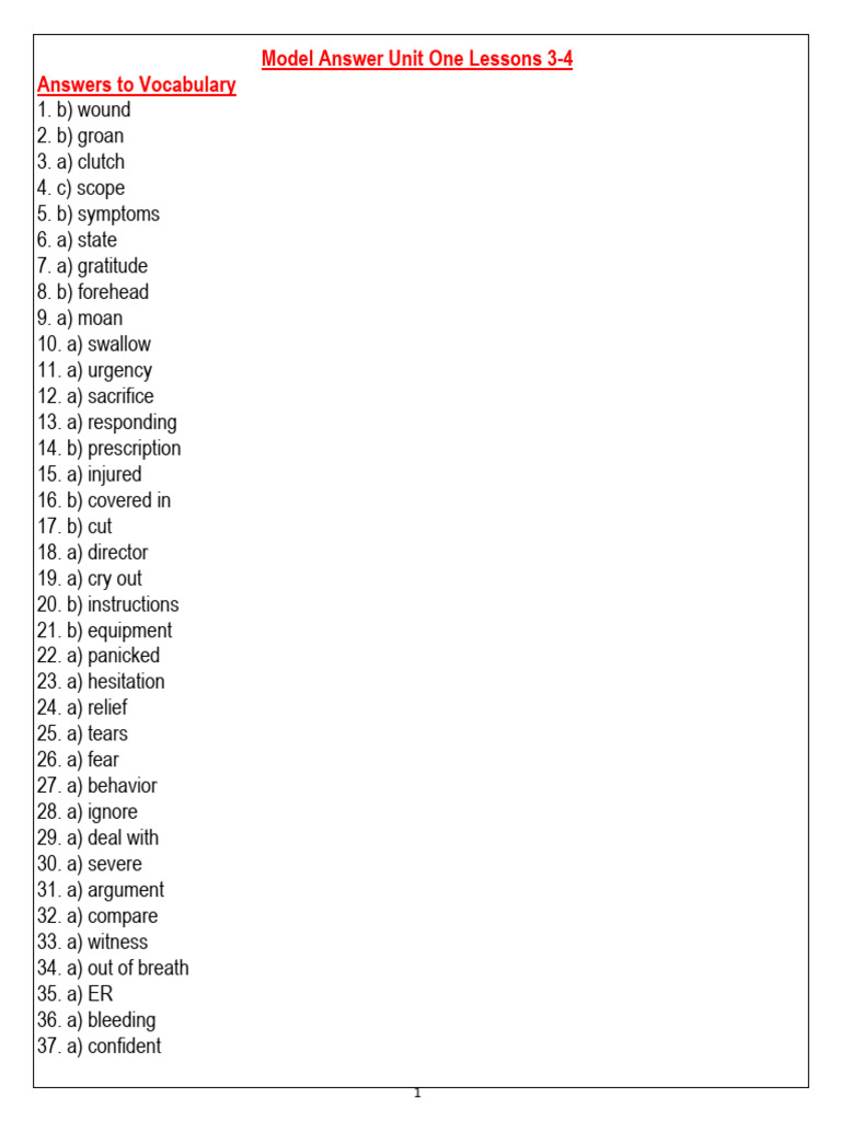 Model Answer Unit One Lessons 3-4 | PDF