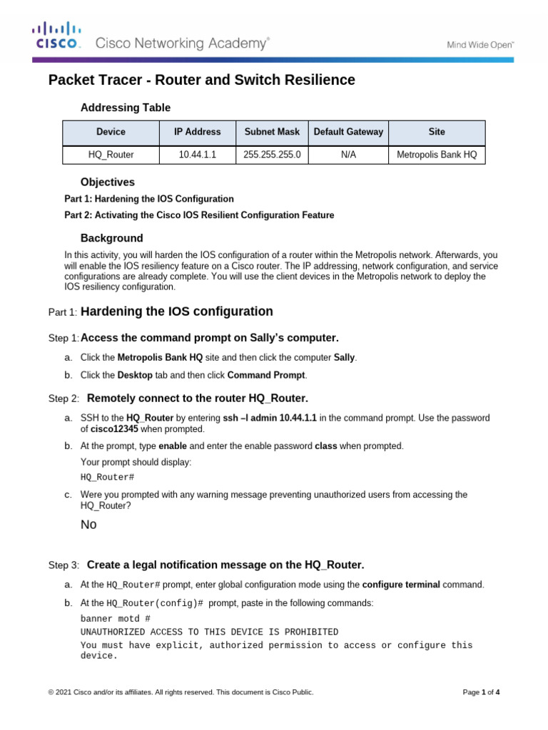 Lab Exercise 6.2 - Router and Switch Resilience | PDF | Command Line ...