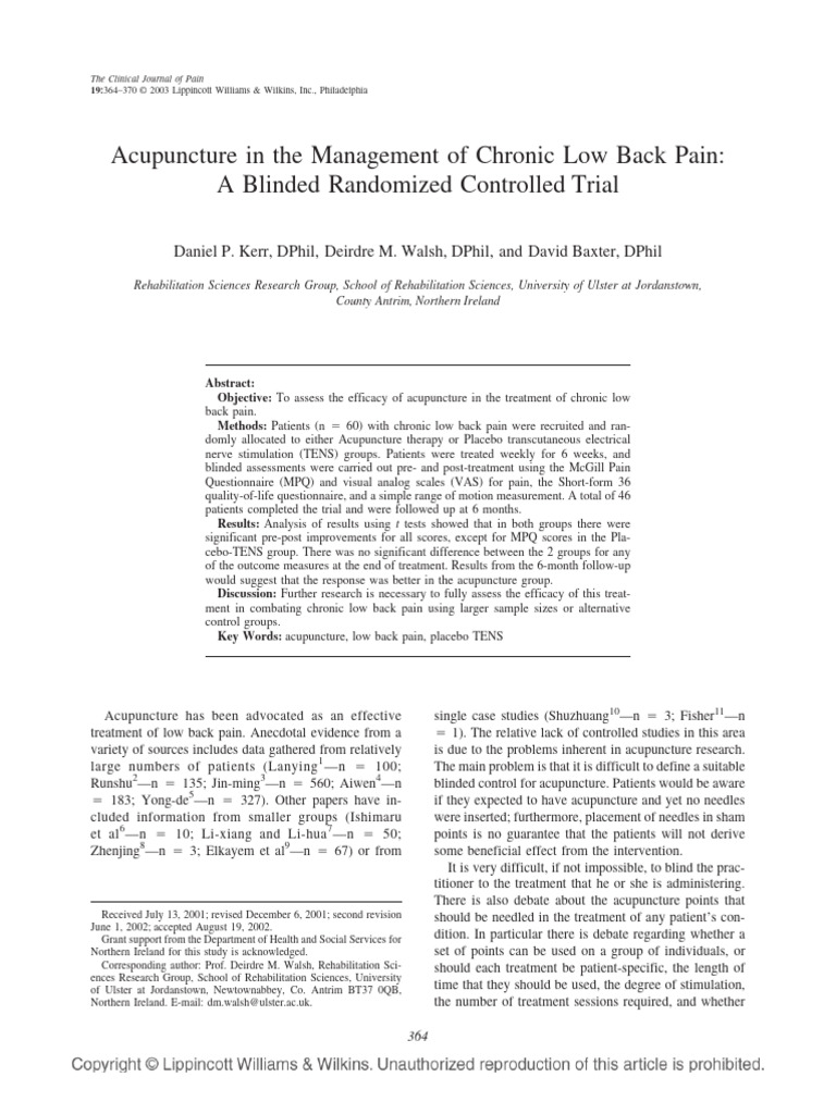 Acupuncture in The Management of Chronic Low Back Pain - A Blinded ...