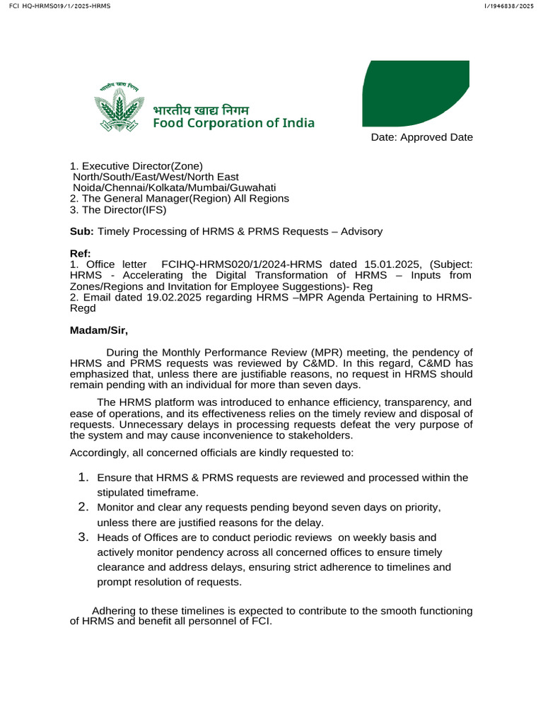 Timely Processing of HRMS and PRMS Requests - Advisory | PDF