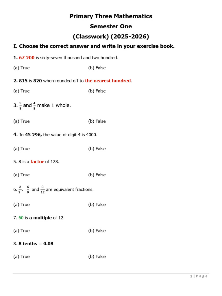 Primary Three Mathematics Classwork (Sem One) (2025-2026) | PDF | Chess ...