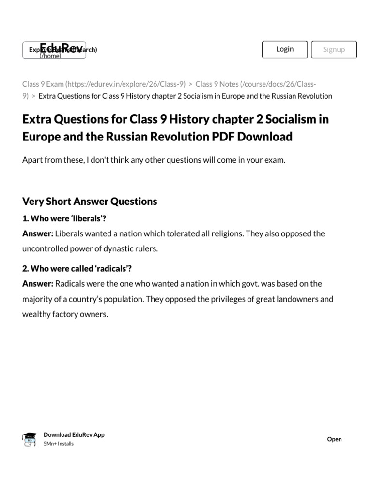 Extra Questions For Class 9 History Chapter 2 Socialism in Europe and ...