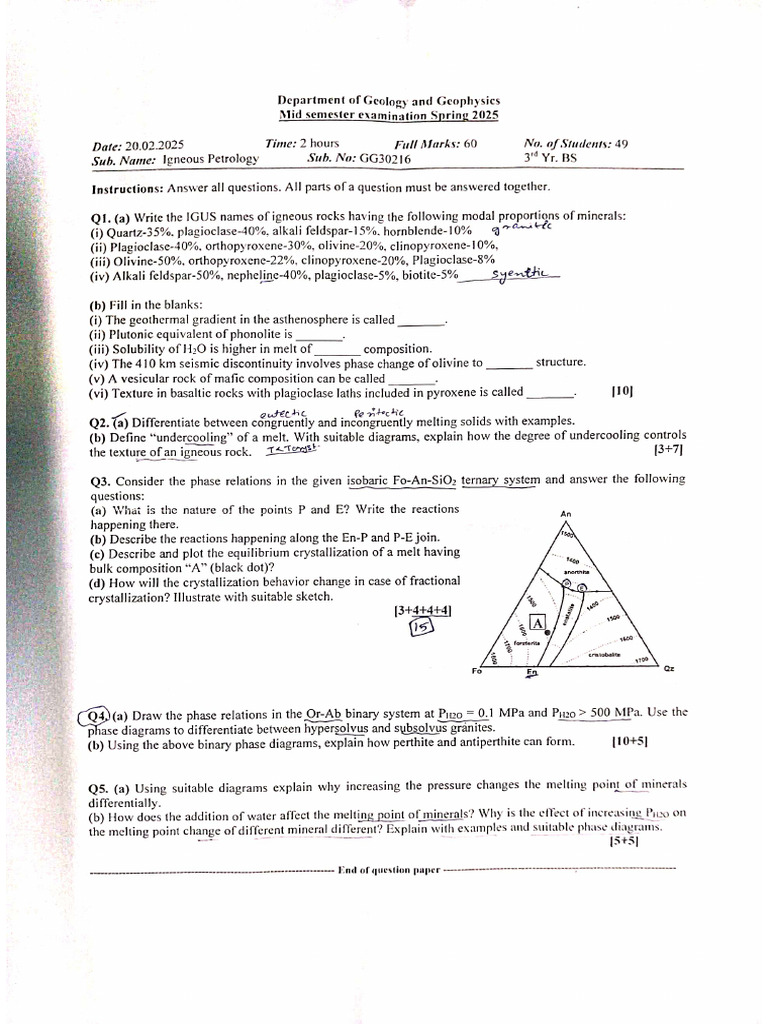 Gg30216 Igneous-Petrology 2025 Spring Midsem | PDF