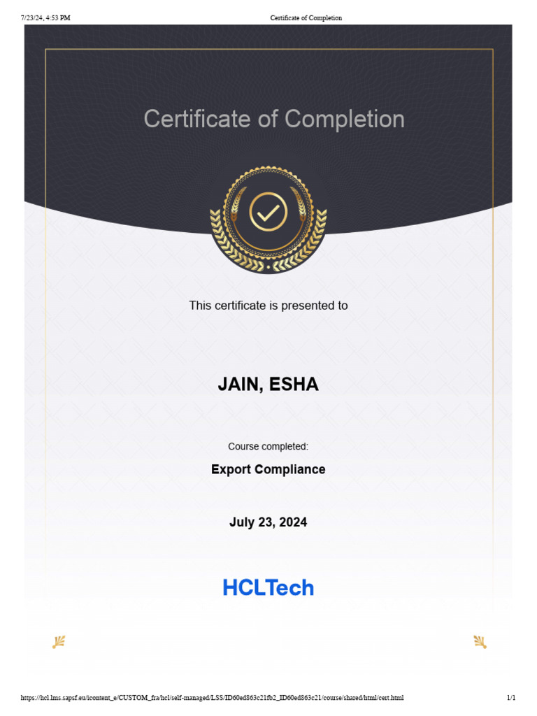 Certificate of Completion - Export Compliance | PDF