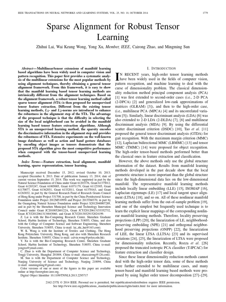 Sparse Alignment For Robust Tensor Learning | PDF | Tensor ...