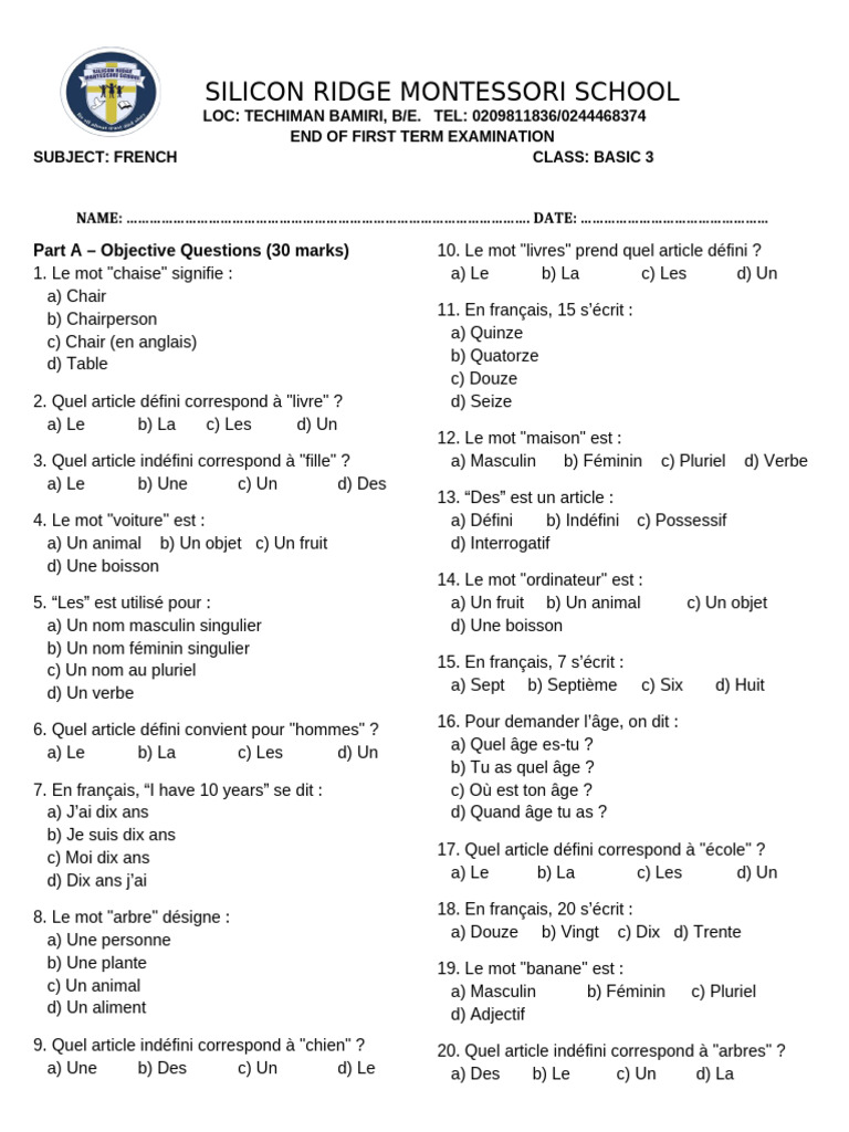 French Basic Three Test | PDF | Nombre grammatical | Morphologie ...