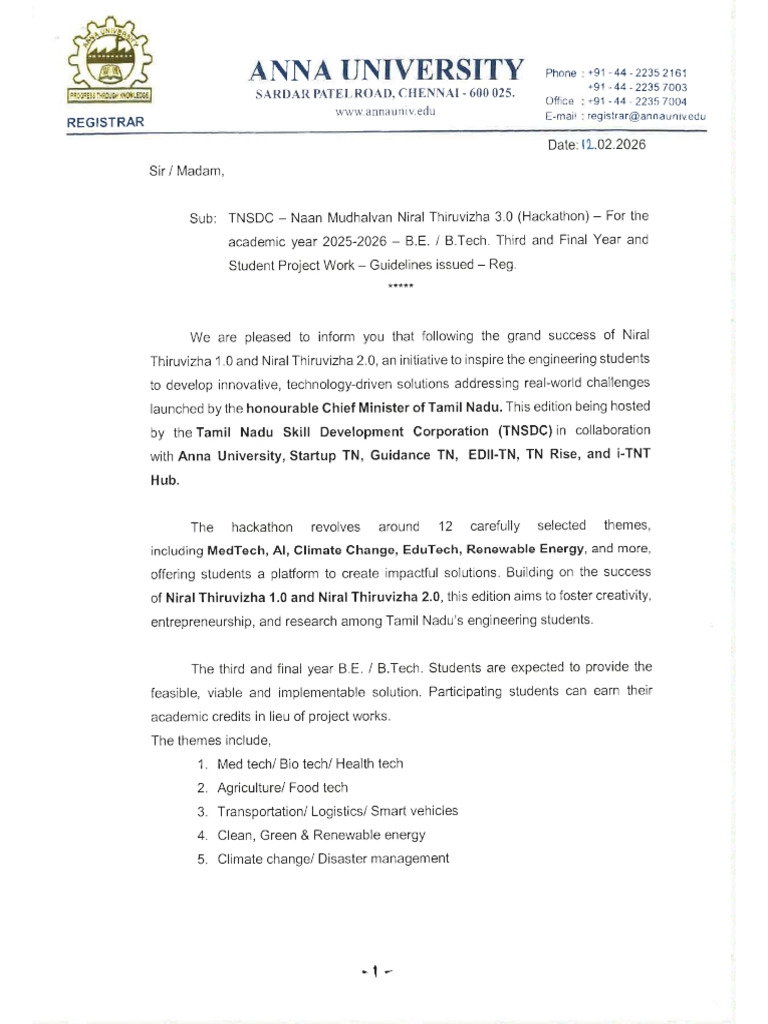 Niral Thiruvizha 2026-Registrar Letter To Colleges | PDF