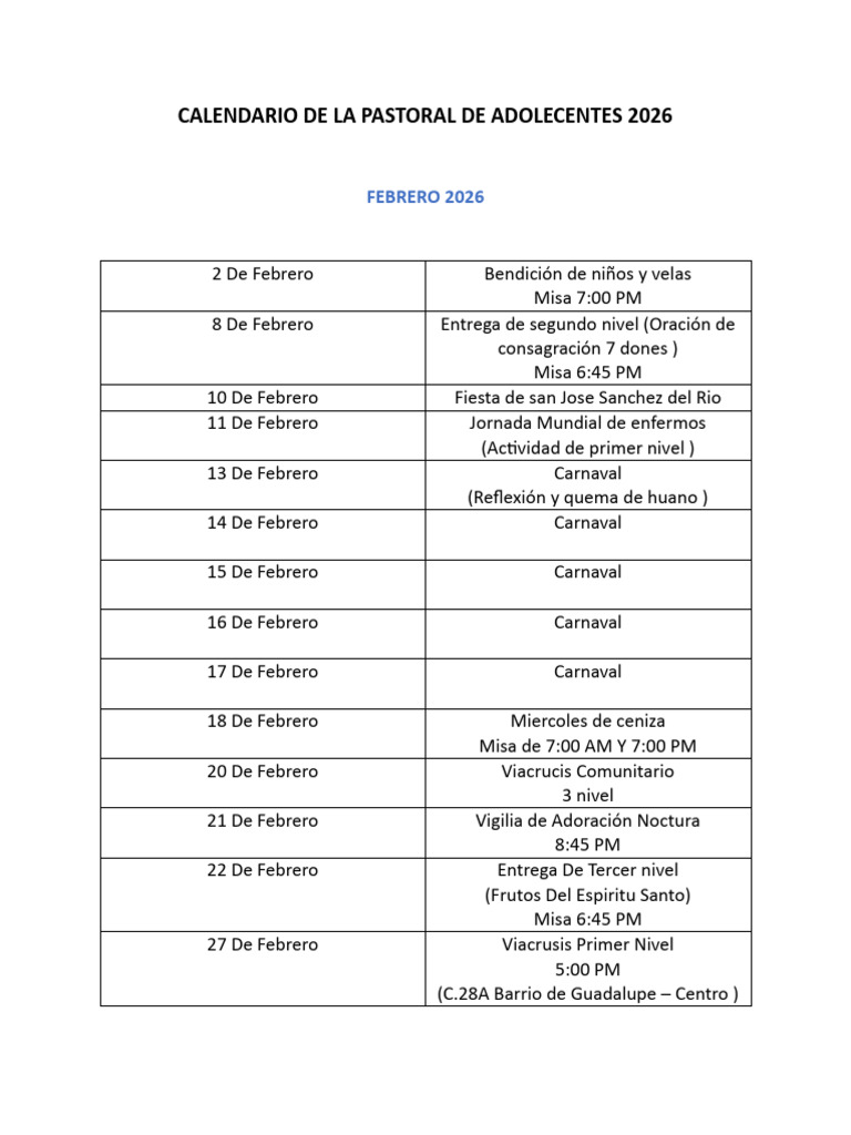 Calendario de La Pastoral de Adolecentes 2026 | PDF | Liturgia Catolica ...