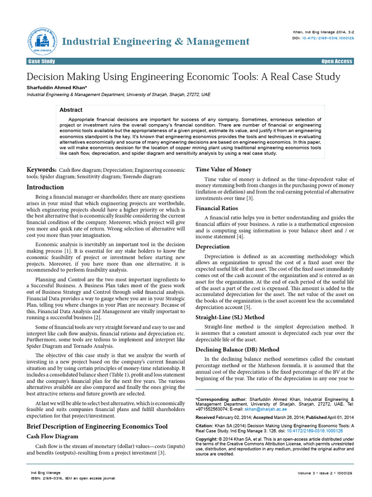 Decision Making Using Engineering Economic Tools A Real Case Study 2169 ...