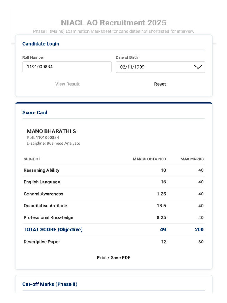 NIACL AO Phase II Marksheet 2025 | PDF