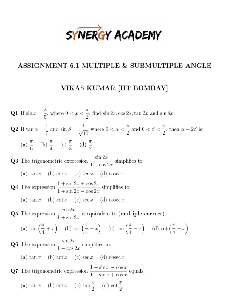 Assignment 6.1 Multiple and Submultiple Angle | PDF