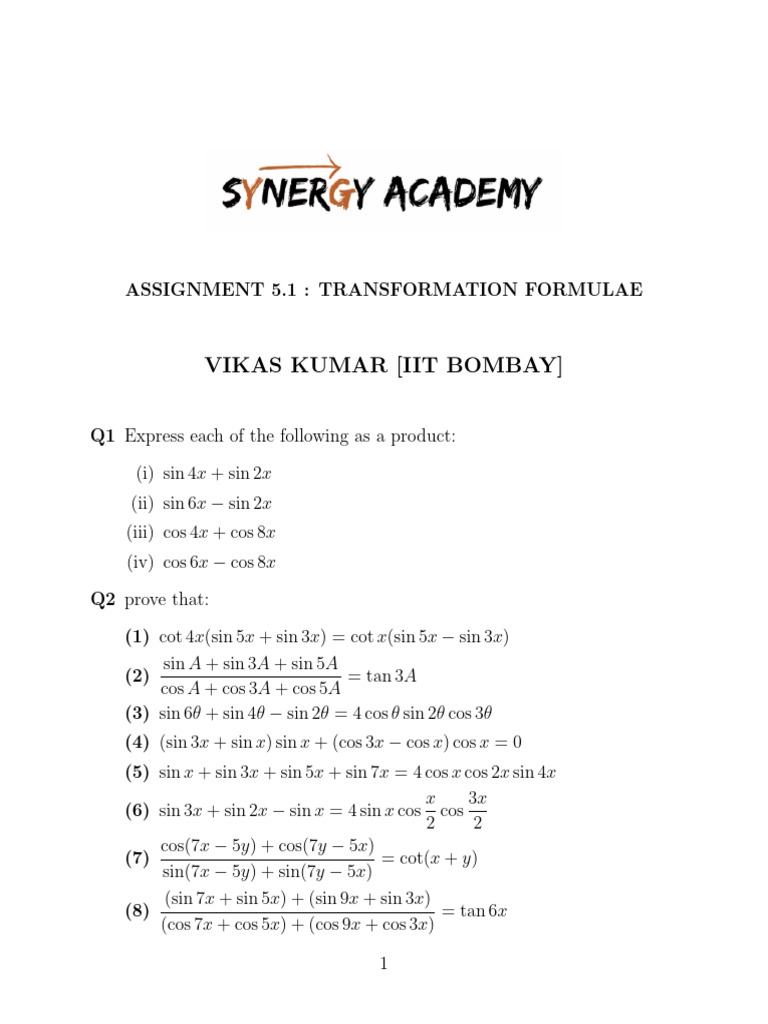 Assignment 5.1 Transformation Formulae-1 | PDF | Trigonometric ...