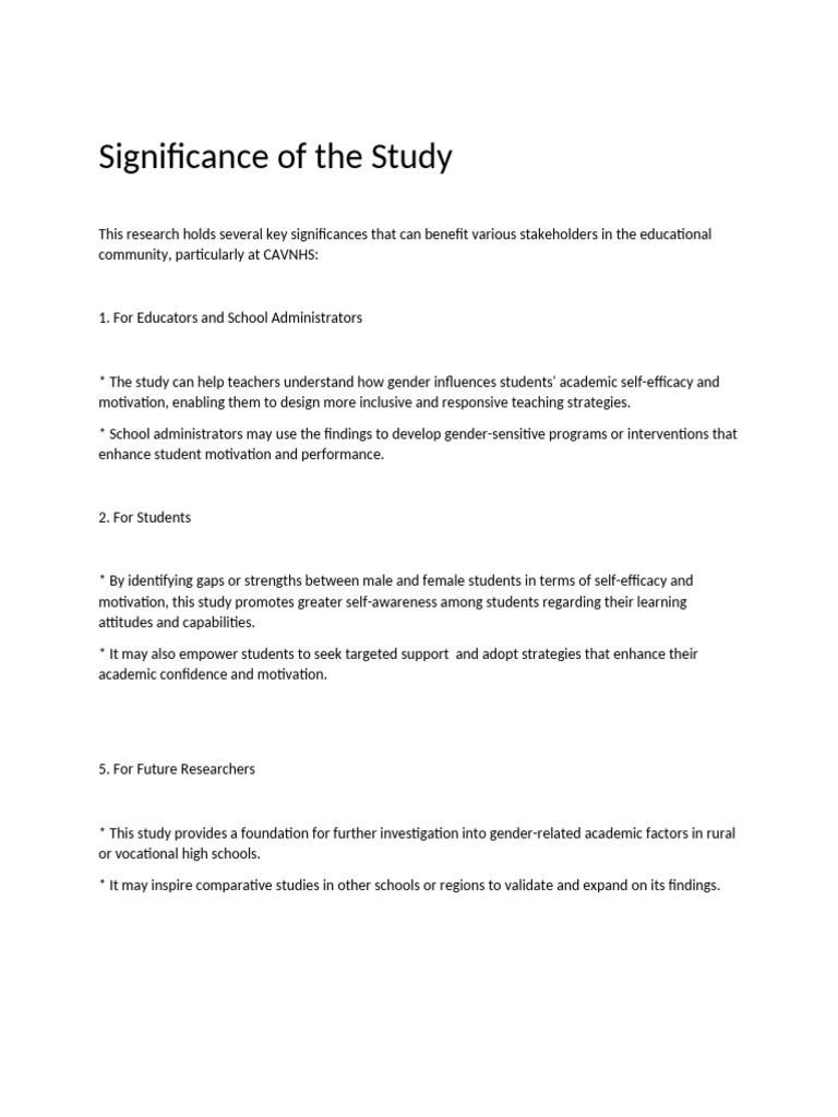 Significance of The Study | PDF | Self Efficacy | Self Concept
