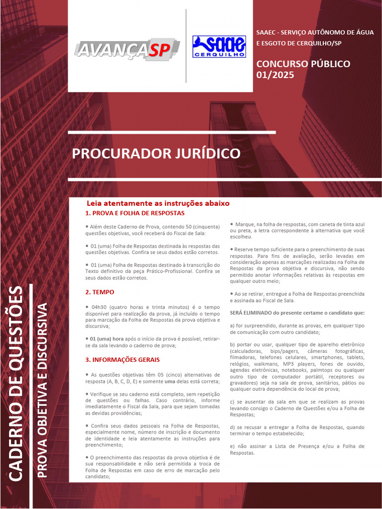 Avanca SP 2025 Saae de Cerquilho SP Procurador Juridico Prova | PDF