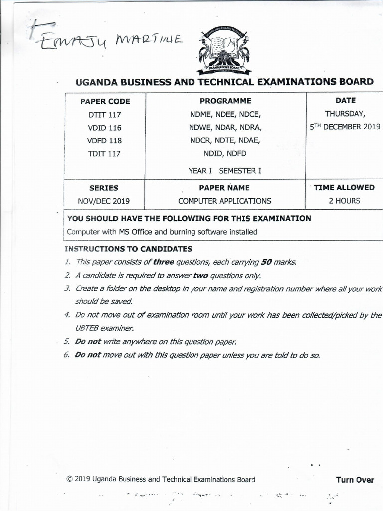 UBTEB Past Papers - Computer Applications | PDF