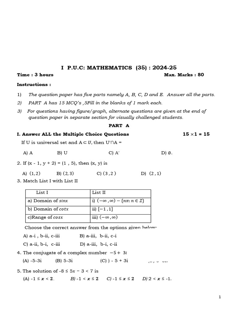 1st PUC Mathematics Q.P | PDF | Geometry | Analytic Geometry