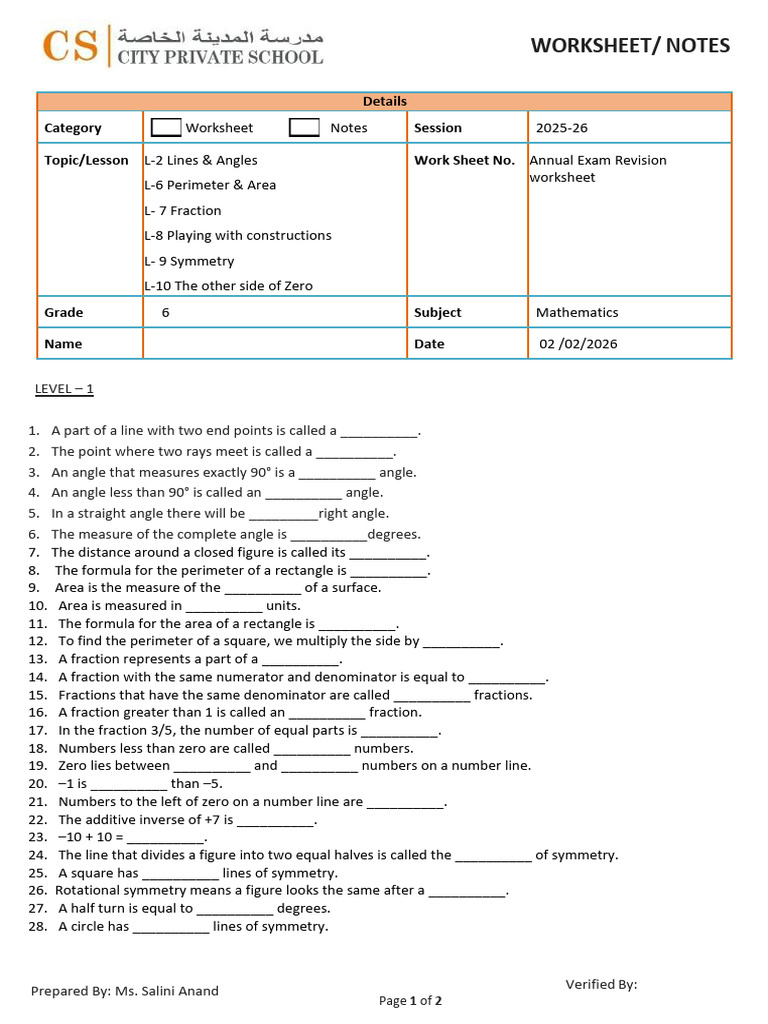 Grade 6 Math Annual Exam Revision Worksheet | PDF | Area | Angle