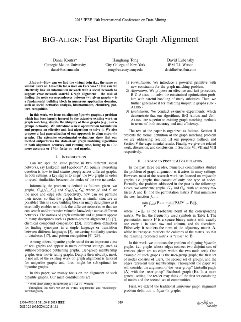 ICDM 2013 - BIG-ALIGN - Fast Bipartite Graph Alignment | PDF | Matrix ...