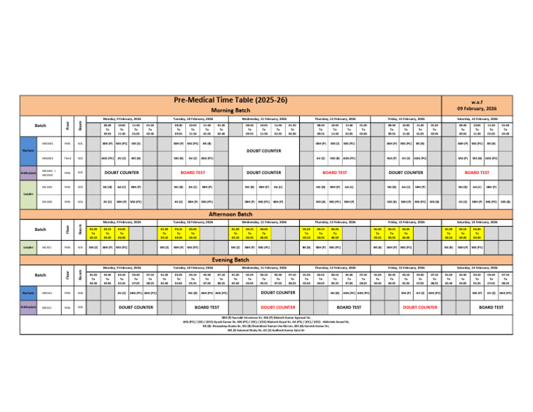 Pre-Medical - Time Table - (2025-26) 09 Feb To 14 Feb | PDF