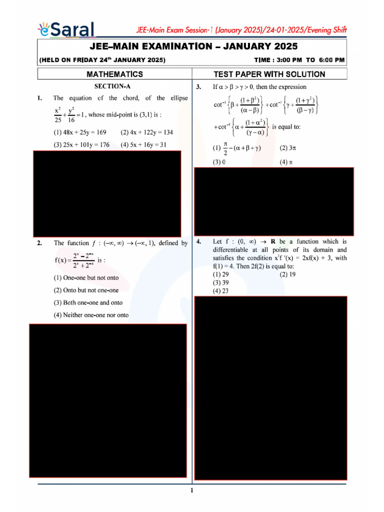 JEE Main 2025 Question Paper | PDF | Function (Mathematics) | Equations