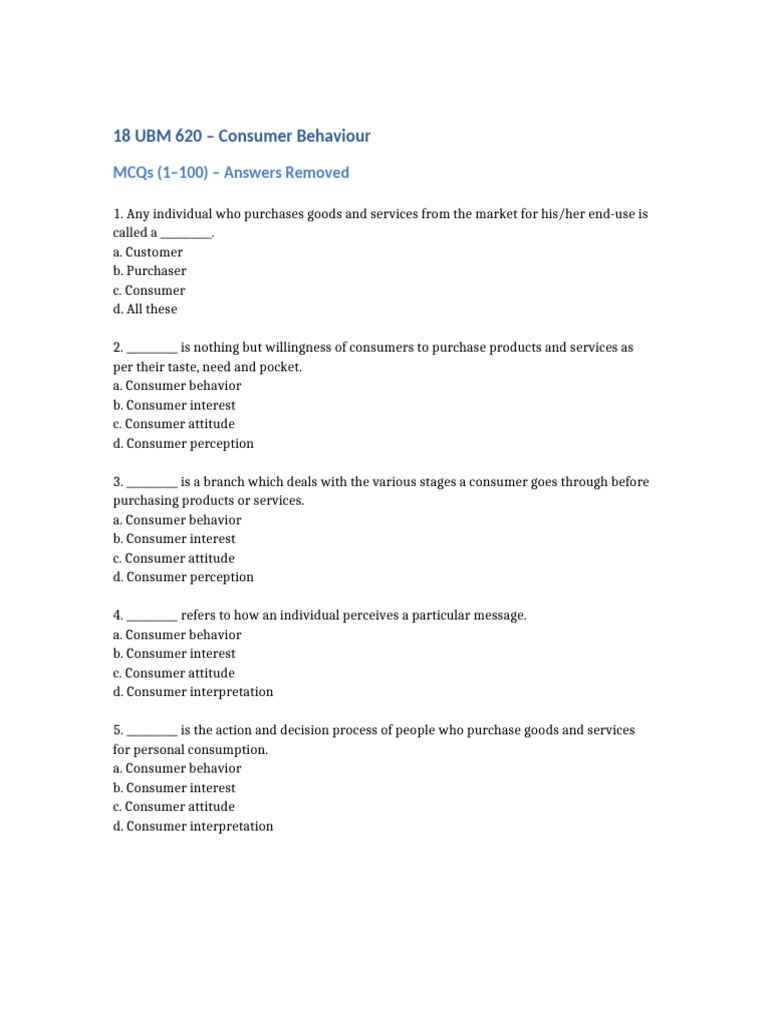 MCQs 1 To 100 Consumer Behaviour Answers Removed | PDF
