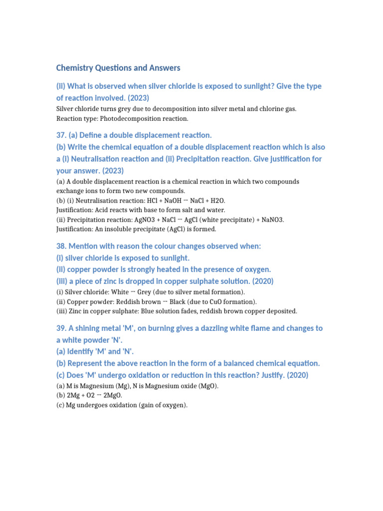 Chemistry Questions Answers | PDF | Chemical Reactions | Magnesium