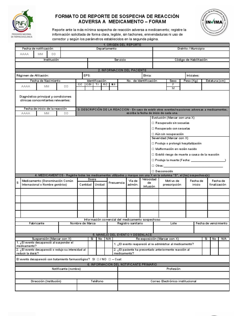 Formato de Reporte de Reacción Adversa | PDF | Medicamentos con receta ...