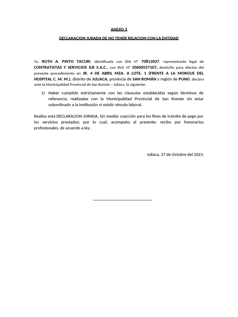 Declaracion Jurada Anexo III JLR | PDF