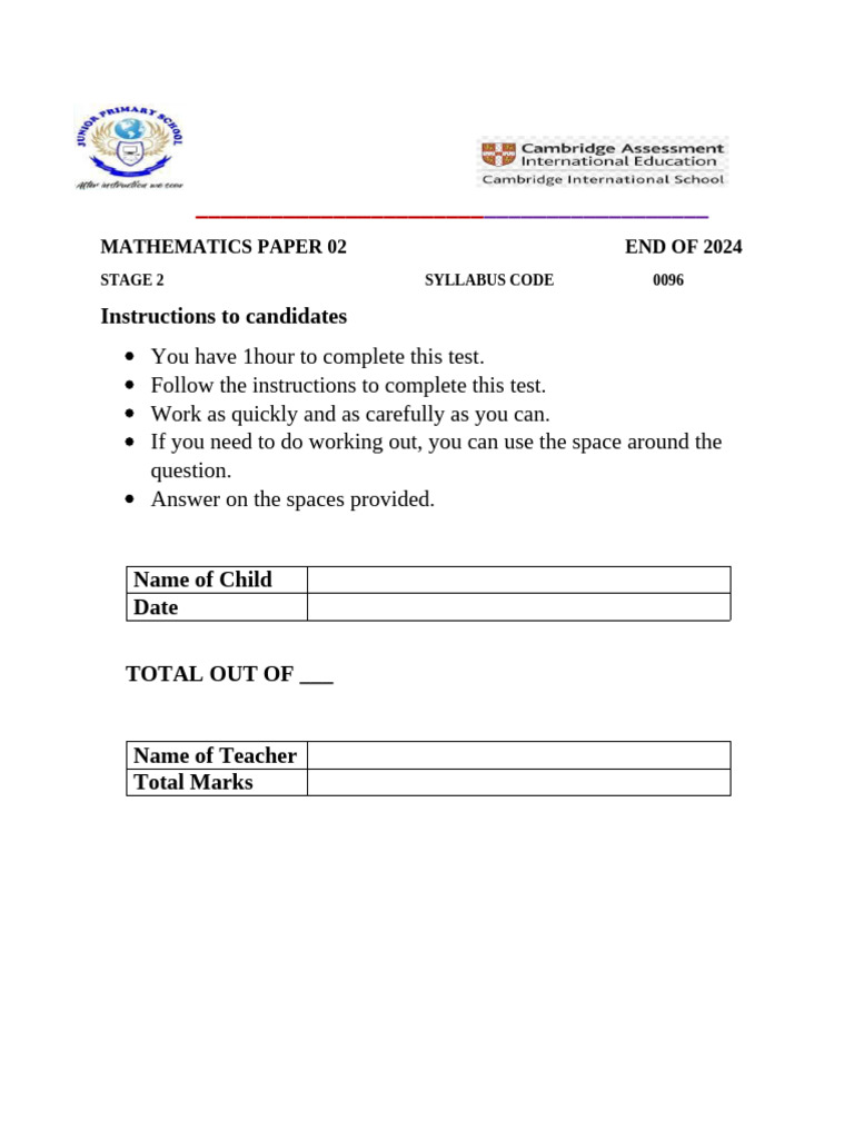 Stage 2 Mathematics Paper 02 End of 2024 | PDF | Shape | Chess