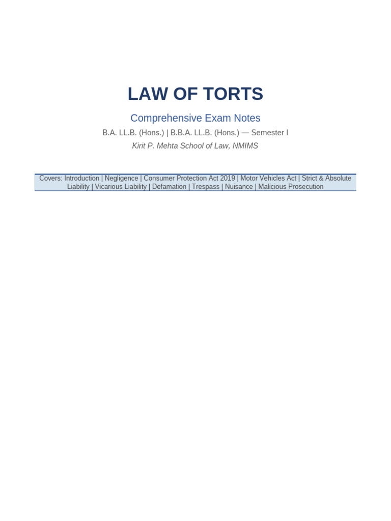 Law of Torts Exam Notes | PDF | Tort | Duty Of Care