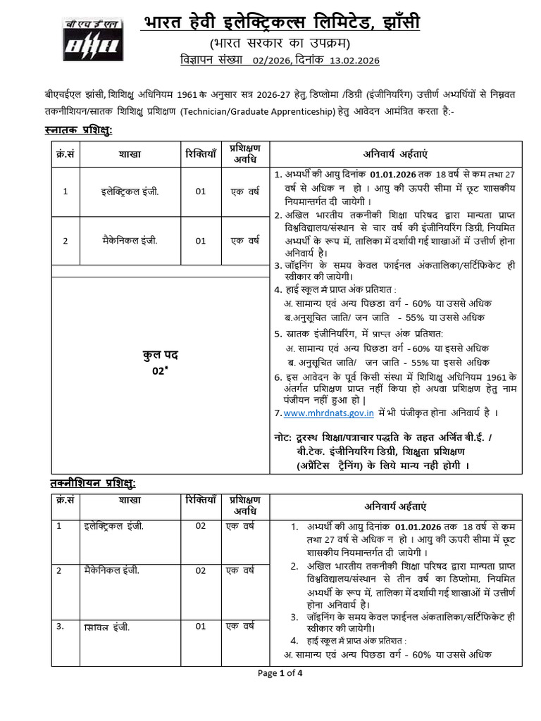 BHEL Jhansi Graduate Diploma Apprentice Notification 2026 | PDF