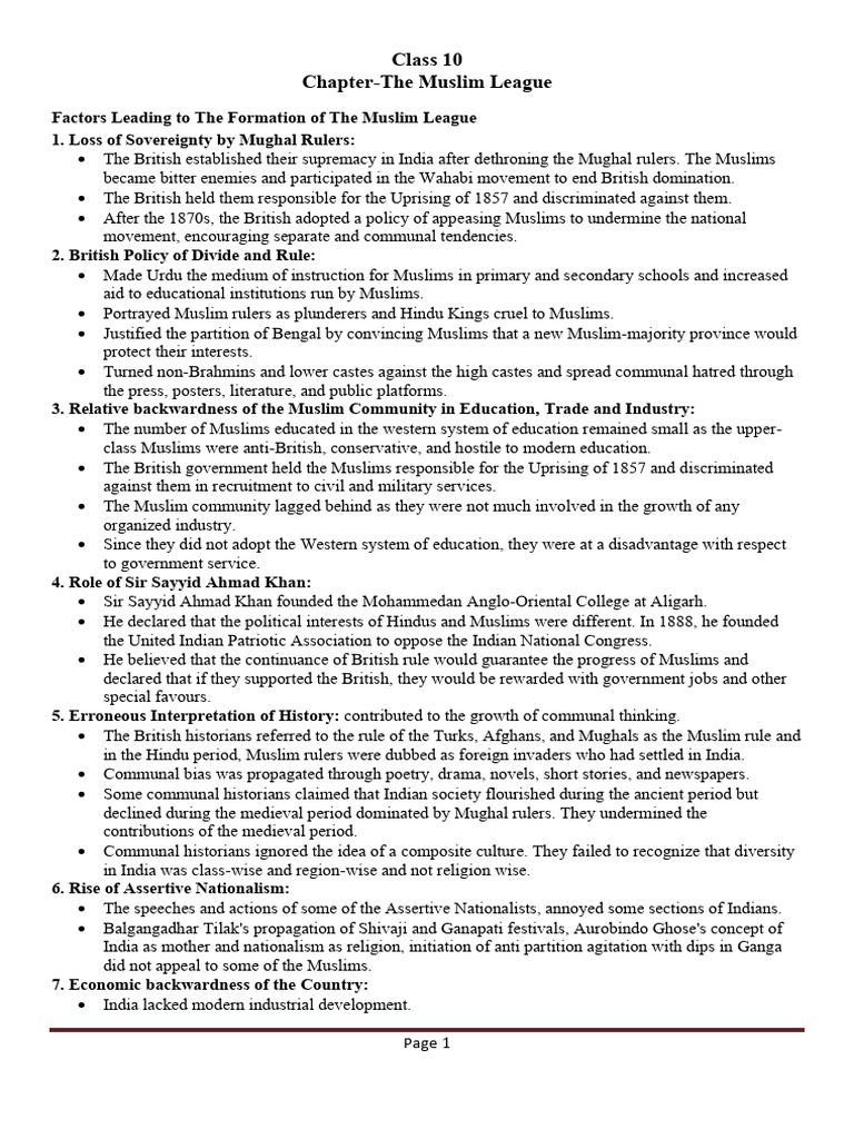 The Muslim League Notes | PDF | All India Muslim League | Politics Of India