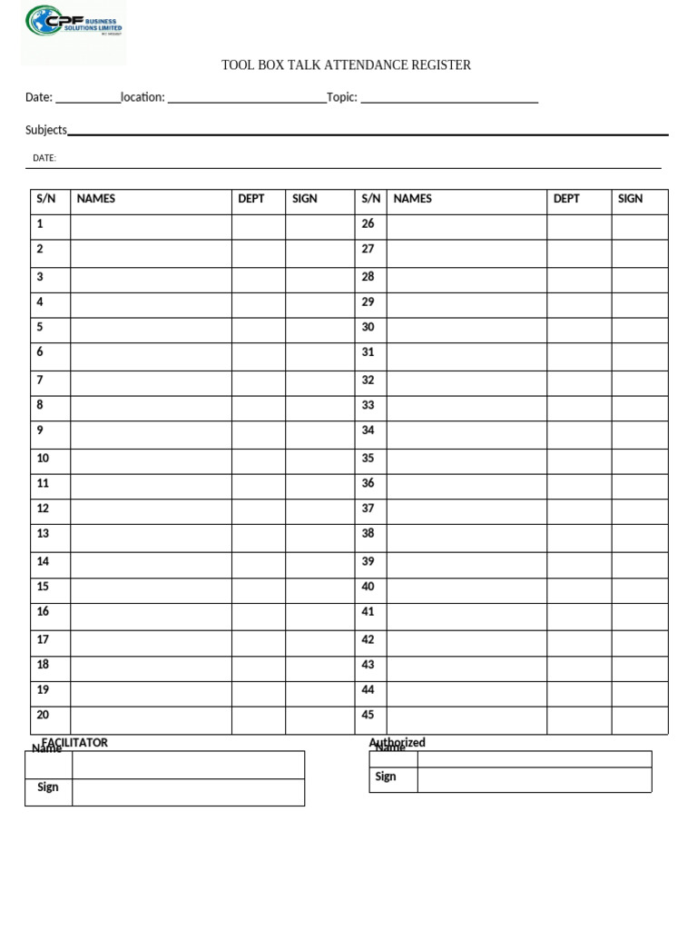 CPF Tool Box Talk Attendance Register | PDF