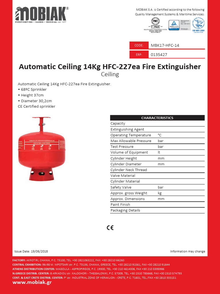 Automatic Ceiling 14kg HFC 227ea Fire Extinguisher en | PDF | Gas ...