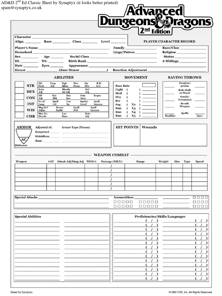 d and d character sheet on Ad D 2nd Edition Character Sheet By Synaptyx