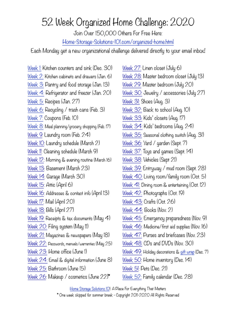 52 Week Organized Home List 2020 | PDF | Room | Home