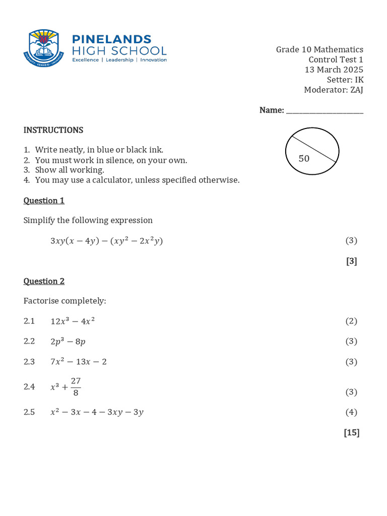 Control Test 1 GR 10 10 2025 | PDF | Mathematics