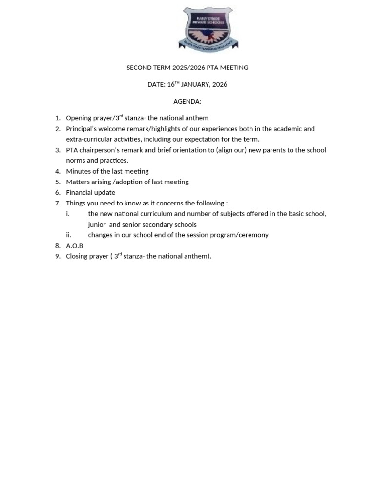 Second Term 2026 Pta Meeting | PDF | Curriculum | Nigeria