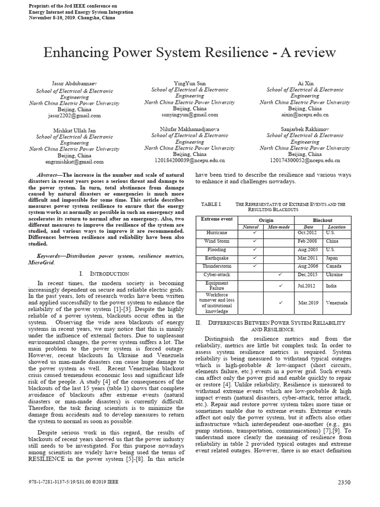 Enhancing Power System Resilience - A Review | PDF | Electrical Grid ...
