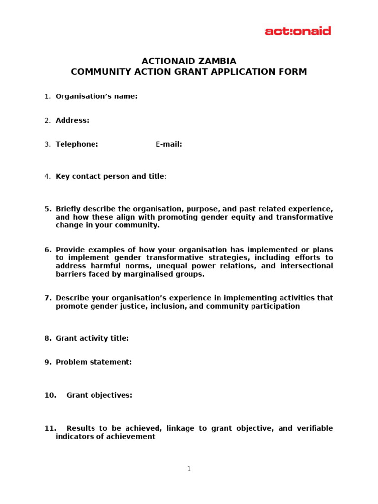ActionAid Zambia SIDA Community Action Grant Application Form - 2026 | PDF