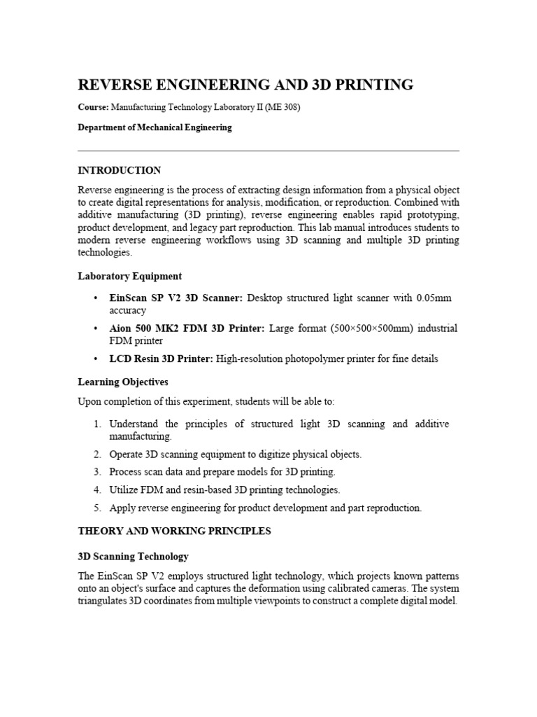 Reverse Engineering Lab Manual | PDF | 3 D Printing | Image Scanner